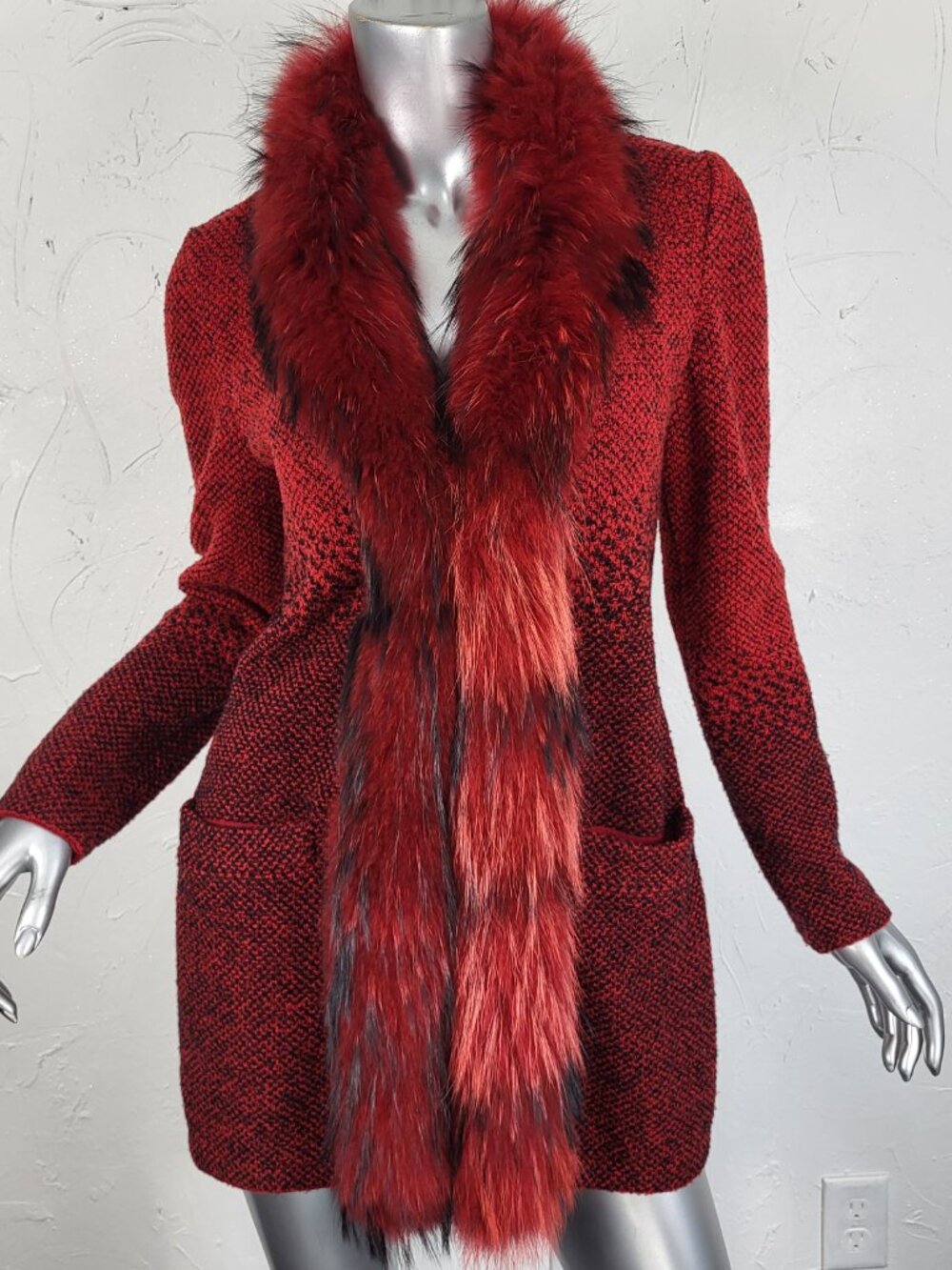 $595~STIZZOLI~S/M~RED BLACK GENUINE REAL FOX FUR WOOL SWEATER COAT JACKET